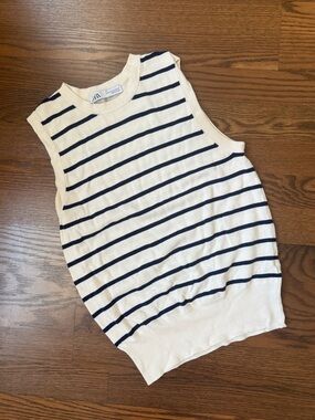Zara Cream and Navy Striped Sleeveless Knit Tank